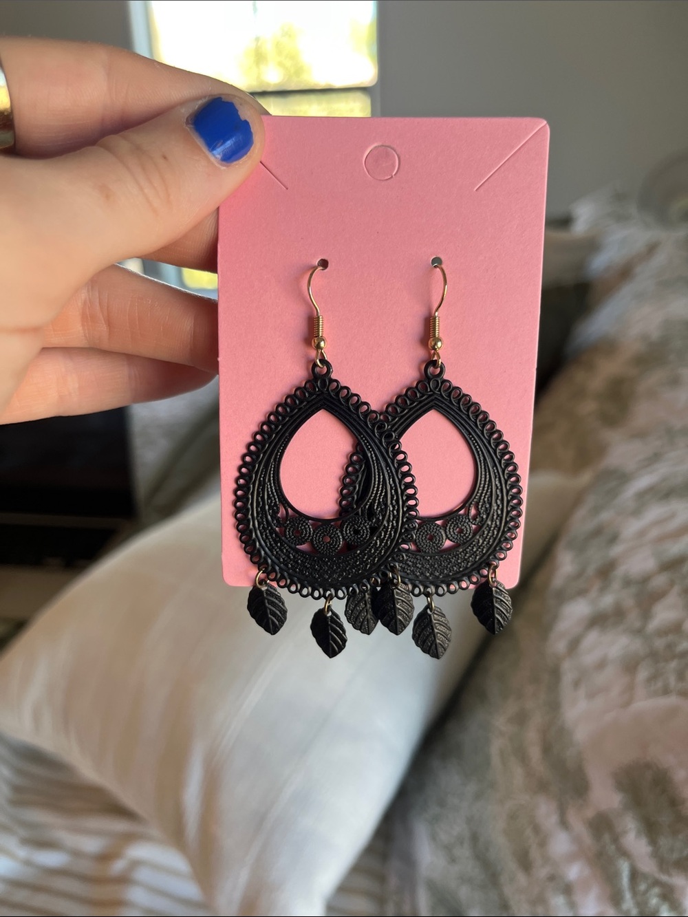 Black Filigree Teardrop Dangle Earrings with Leaf Charms